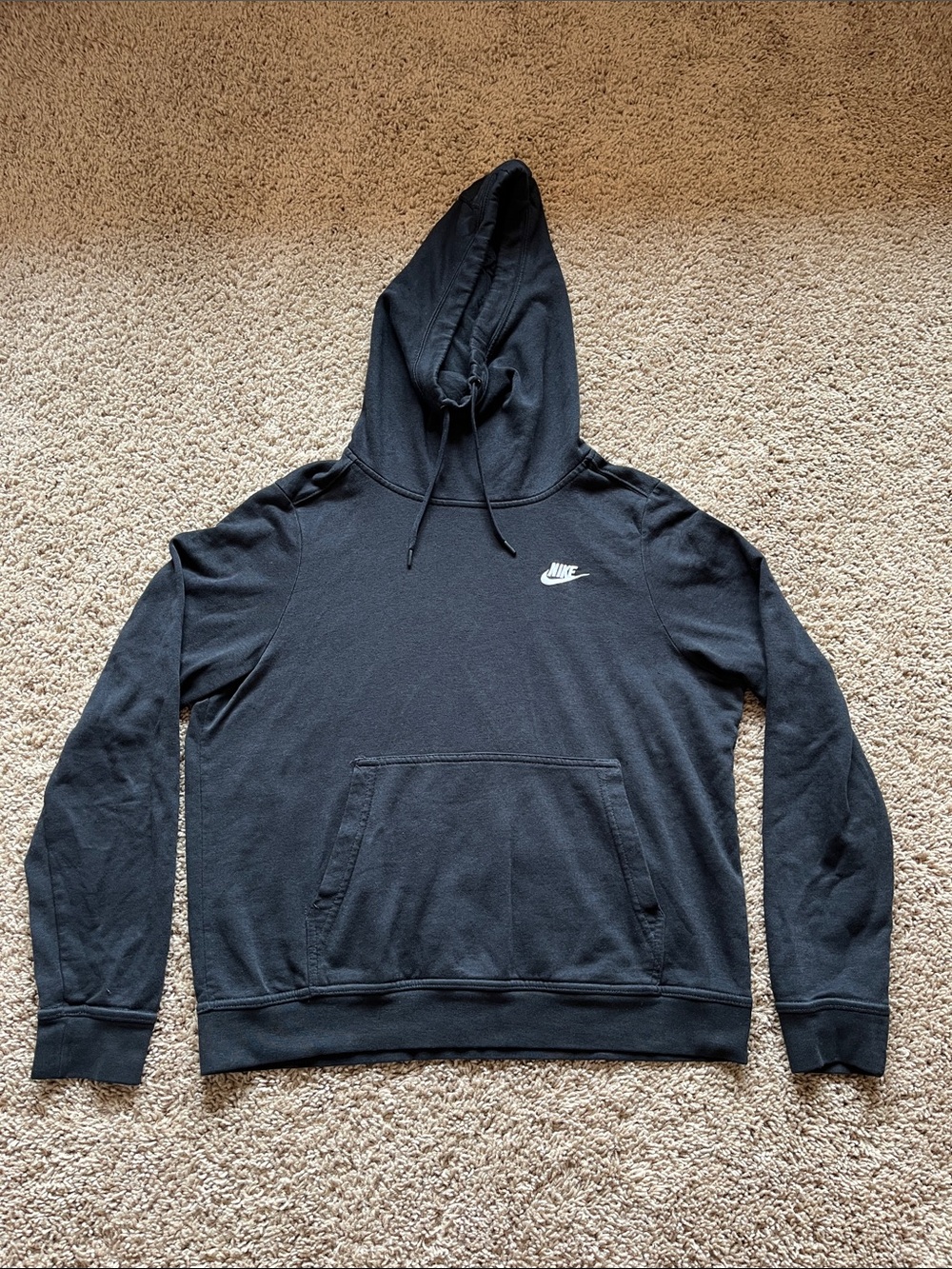 Nike Women's Black Funnel Neck Pullover Hoodie Medium with white swoosh.